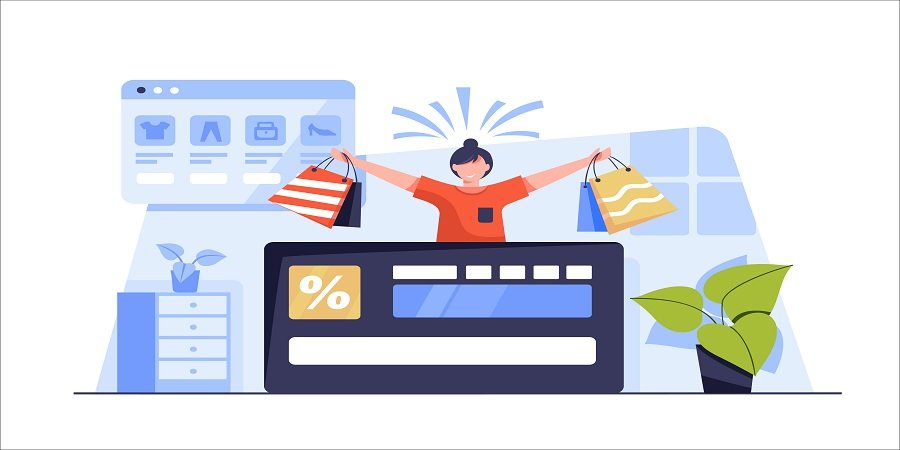 Vector illustration Shopping online concept with mobile phone order product in package and shpping bag.