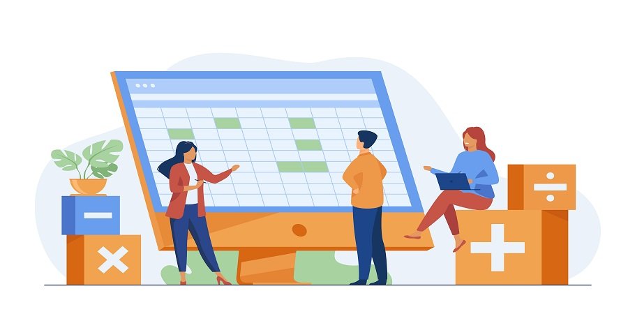 Colleagues discussing accounting statistics report using software vector illustration. Bookkeeping and audit for annual and financial reporting concept for business presentation slides