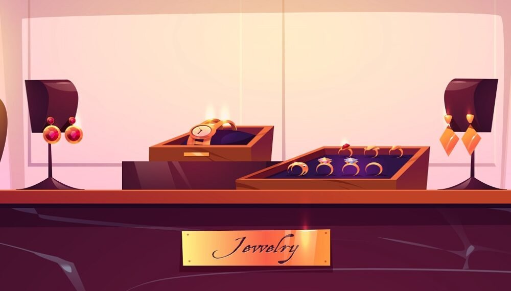 Jewelry shop display with gold necklaces, rings Jewelry shop display with gold necklaces on mannequins, rings with diamonds, wristwatch in box and earrings. Vector cartoon illustration of store showcase with golden jewellery on marble stand